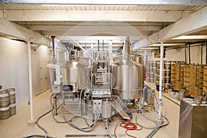 Equipment room in a microbrewery used in beer production.