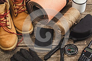 Equipment set for traveler including hiking boots and walki-talkie