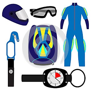 Equipment for skydiving, set. Rig, Altimeter, Hook knife, helmet, jumpsuit, goggles. Vector illustration, isolated.