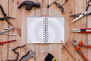 Equipment of tool on wooden background