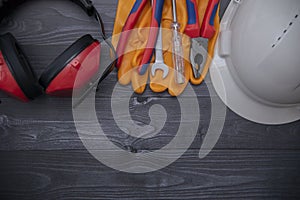 Equipment and tools for building construction on wood background. Labor day. worker concept.close-up