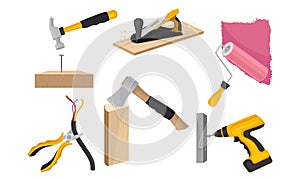 Equipment and Tools for Construction and Repair Works with Electric Drill and Hammer Vector Set