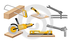 Equipment and Tools for Construction and Repair Works with Level Instrument and Turnscrew Vector Set