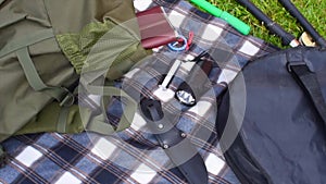 The equipment of tourist for trekking. Outfit of traveler to survive in forest