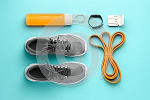 Equipment for training and outfit on teal background: expander, fitness tracker, sneakers, bottle juice