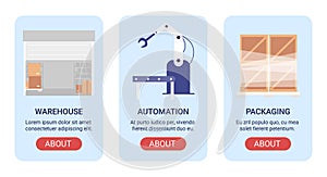 Equipment in warehouse vector illustration design banner set with automatic robotic devices, packaging tools for