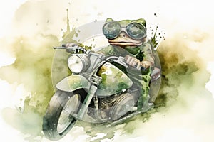 Equipped frog biker on motorbike. Generate ai