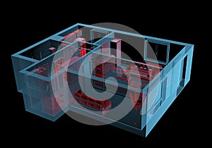 Equipped house (3D xray red and blue transparent)