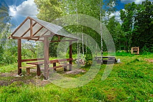 Equipped tourist parking in a clearing of the forest