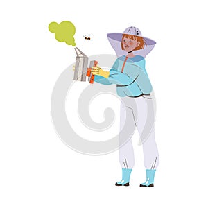 Equipped Woman Beekeeper or Apiarist with Smoker Gathering Sweet Honey from Beehive Vector Illustration