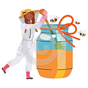 Equipped Woman Beekeeper or Apiarist Stirring Honey with Dipper in Huge Jar Vector Illustration