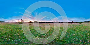 Equirectangular 360 degree spherical panorama for virtual reality background beautiful sunrise at the field landscape blue sky