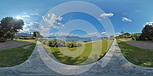 Equirectangular Panoramic 360 Degrees Panoramic View of the outdoor public green garden park of the viewpoint of Lago Maggiore