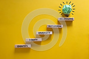 Equity  identity  diversity  inclusion  belonging symbol. Wooden blocks with words identity  equity  diversity  inclusion