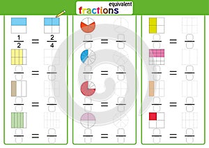 Equivalent frantions, mathematics, math worksheet, find , drawing, color