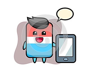 Eraser illustration cartoon holding a smartphone