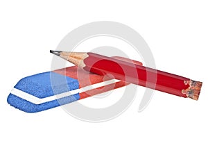Eraser and red pencil isolated on white background photo