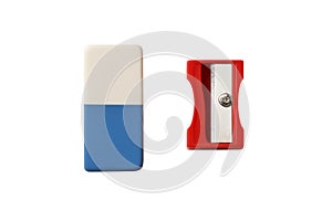 Eraser and red pencil sharpener isolated on transparent background