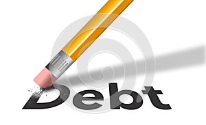 An eraser is seen erasing the word debt from a piece of paper