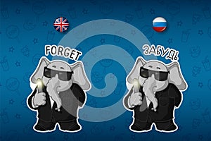 Erasing memory. In a black suit. Elephant. Big set of stickers in English and Russian languages. Vector, cartoon