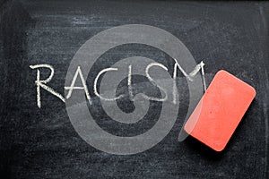 Erasing racism, hand written word on blackboard being erased