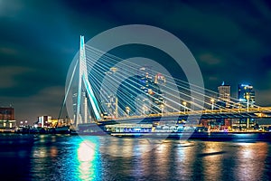 Erasmusbrug and Holland-Amerikakade in Rotterdam illuminated at night