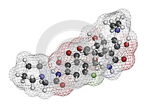 Eravacycline antibiotic drug molecule (tetracycline class). 3D rendering. Atoms are represented as spheres with conventional color