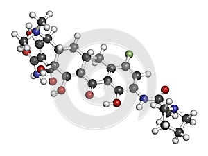 Eravacycline antibiotic drug molecule (tetracycline class). 3D rendering. Atoms are represented as spheres with conventional color