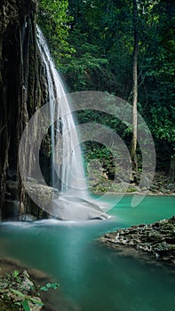 Erawan,s waterfall shooting by vertical image, Located Kanchanaburi