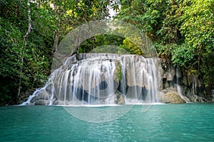 Erawan water fall Second floor, tropical rainforest at Srinakarin Dam, Kanchanaburi, Thailand.Erawan water fall is  beautiful