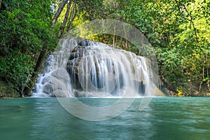 Erawan water fall Second floor, tropical rainforest at Srinakarin Dam, Kanchanaburi, Thailand.Erawan water fall is  beautiful