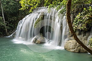 Erawan water fall Second floor, tropical rainforest at Srinakarin Dam, Kanchanaburi, Thailand.Erawan water fall is  beautiful