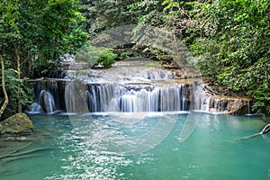 Erawan water fall, tropical rainforest at Srinakarin Dam, Kanchanaburi, Thailand.Erawan water fall is  beautiful waterfall in Thai