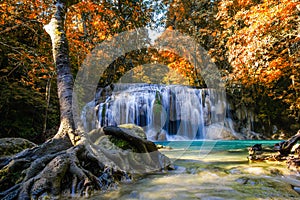 Erawan waterfall beautiful with in autumn of forest,Kanchanaburi Province, Thailand.