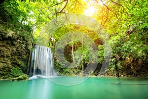 Erawan Waterfall, beautiful waterfall in spring forest in Kanchanaburi province, Thailand.