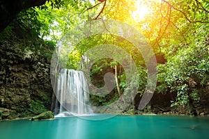 Erawan Waterfall is a beautiful waterfall in spring forest in Kanchanaburi province, Thailand.