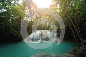 Erawan Waterfall is a beautiful waterfall in spring forest in Kanchanaburi province, Thailand.