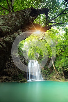 Erawan Waterfall is a beautiful waterfall in spring forest in Kanchanaburi province, Thailand.