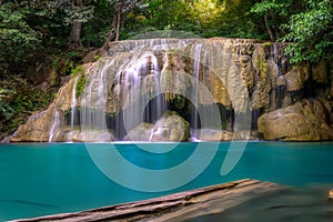 Erawan Waterfall with clear turquoise water at Kanchanaburi, Thailand