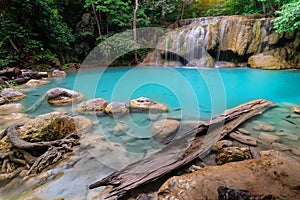 Erawan Waterfall with clear turquoise water at Kanchanaburi, Thailand