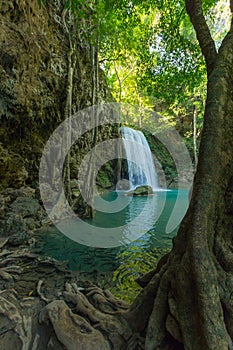 Erawan Waterfall with fish in water