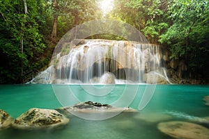 Erawan Waterfall in Kanchanaburi in Thailand.