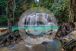 Erawan waterfall is one of the most popular falls in Thailand.