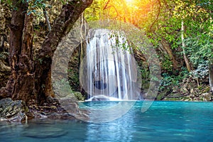 Erawan waterfall in Thailand. Beautiful waterfall with emerald pool in nature