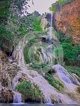 Erawan waterfalls in the national park mountains of Kanchanaburi BKK Bangkok Thailand lovely turquoise blue creamy waters