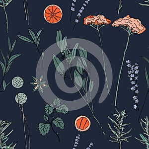 Erbs hand drawn background. Seamless pattern on dark blue background