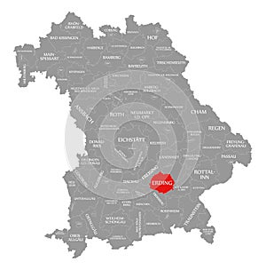 Erding county red highlighted in map of Bavaria Germany