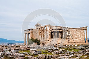 The Erechtheion or Erechtheum on Acropolis in Athens Greece