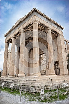 Erechtheion or Erechtheum ancient Greek temple on the north side of the Acropolis of Athens in Greece dedicated to Athena and