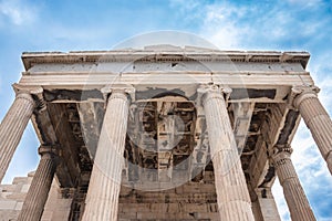 Erechtheion or Erechtheum ancient Greek temple on the north side of the Acropolis of Athens in Greece dedicated to Athena and